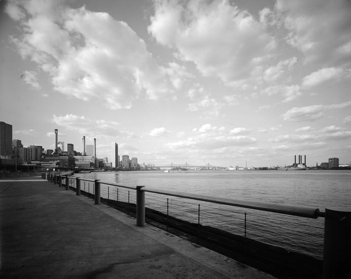 Looking north over the East River from the East River Esplanade, 1971.