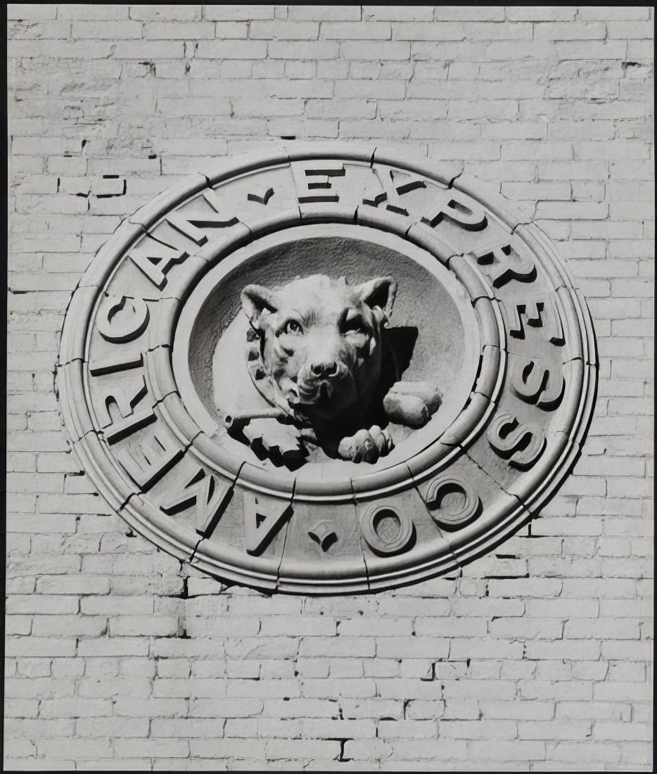 The Bulldog emblem on the American Express Horse Stables, Hubert Street facade, 1973.