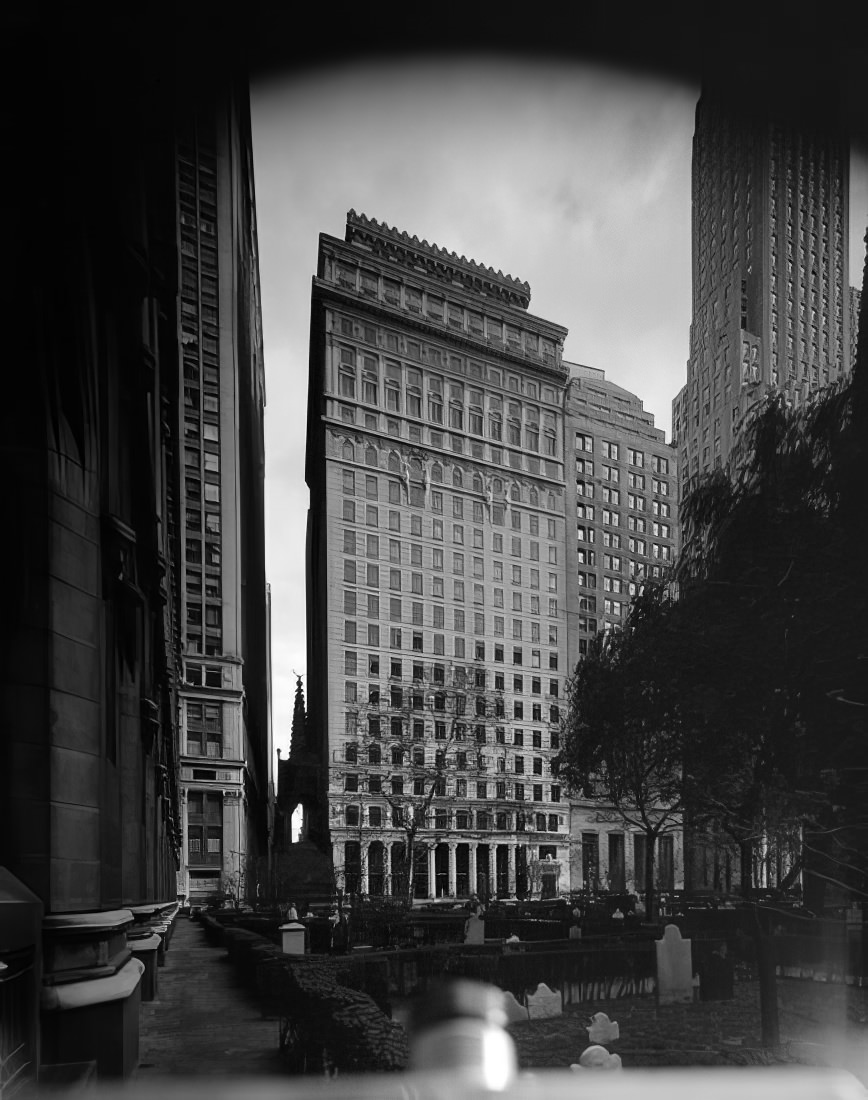 Looking across Trinity Churchyard to the American Surety Company Building, 1973.