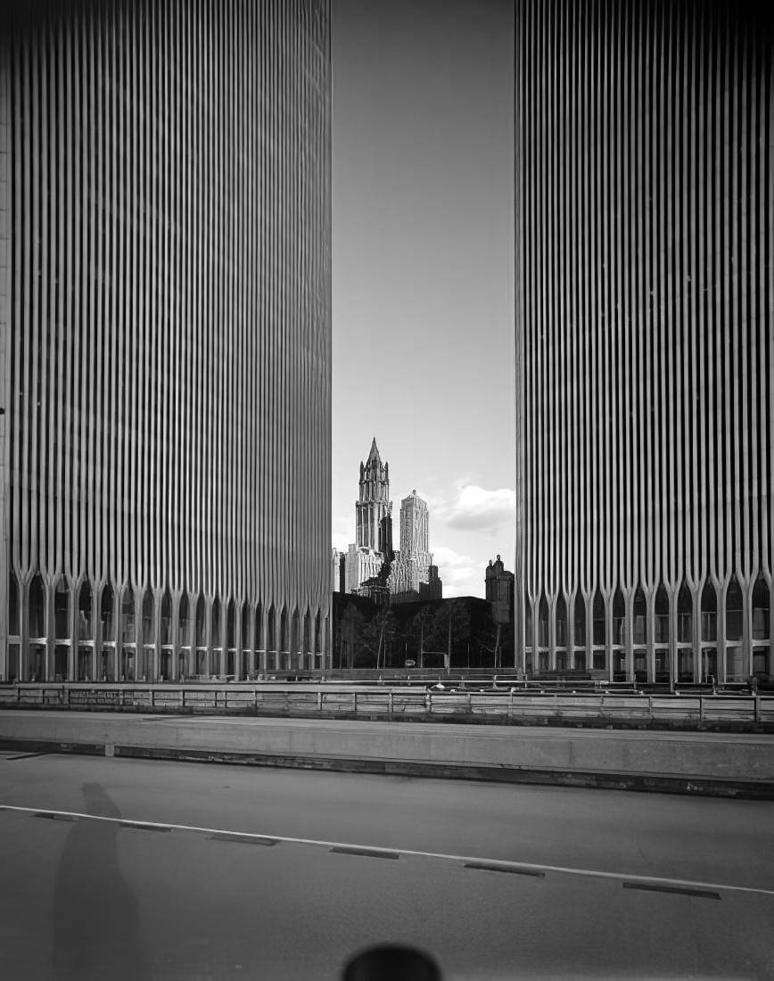 Looking northeast from the base of the Twin Towers of the World Trade Center, 1977.