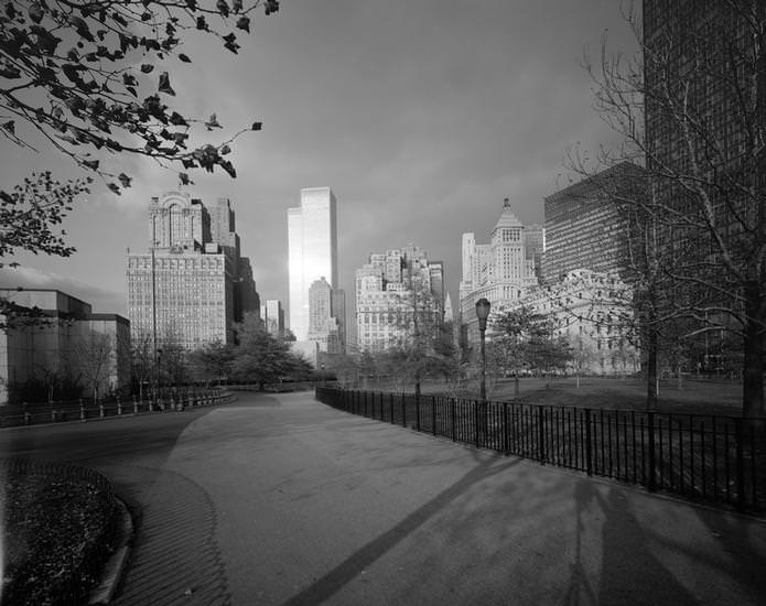 Battery Park and the Lower Manhattan skyline, 1974.