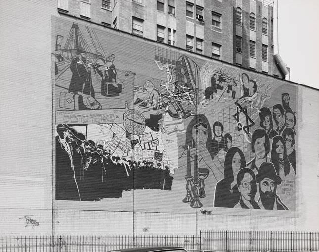 The "Our Strength Is Our Heritage, Our Heritage Is Our Life" wall mural at 232 East Broadway, 1978.