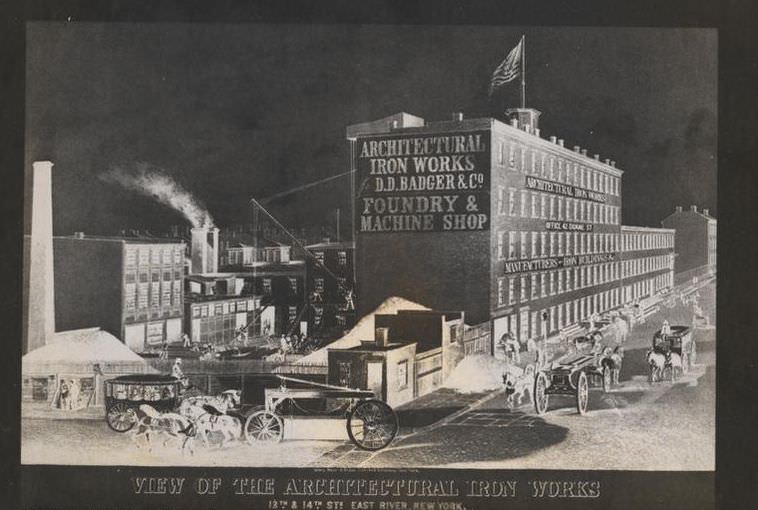 View of the architectural iron works, 13th & 14th Streets, East River, 1973.