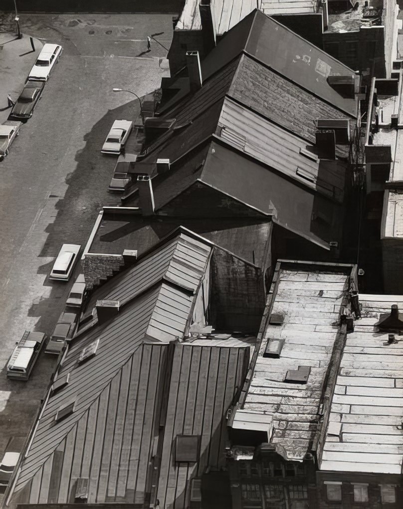 Aerial view of the rooftops of Schermerhorn Row, 1975.