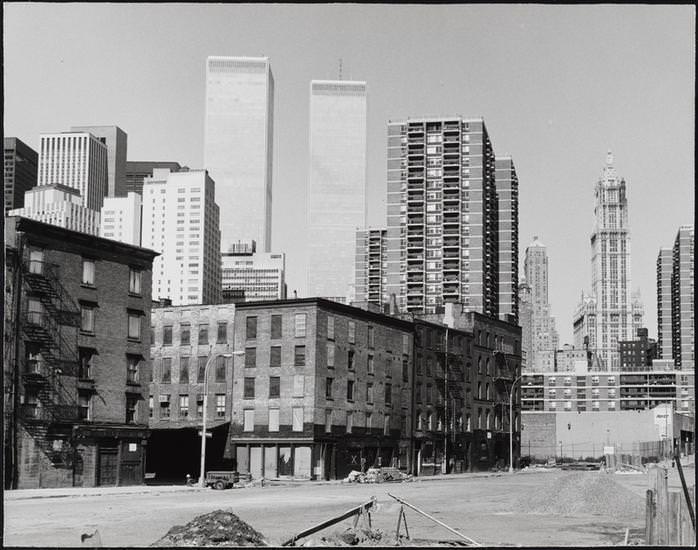 Looking west from Peck Slip to the twin towers of the World Trade Center, 1977.