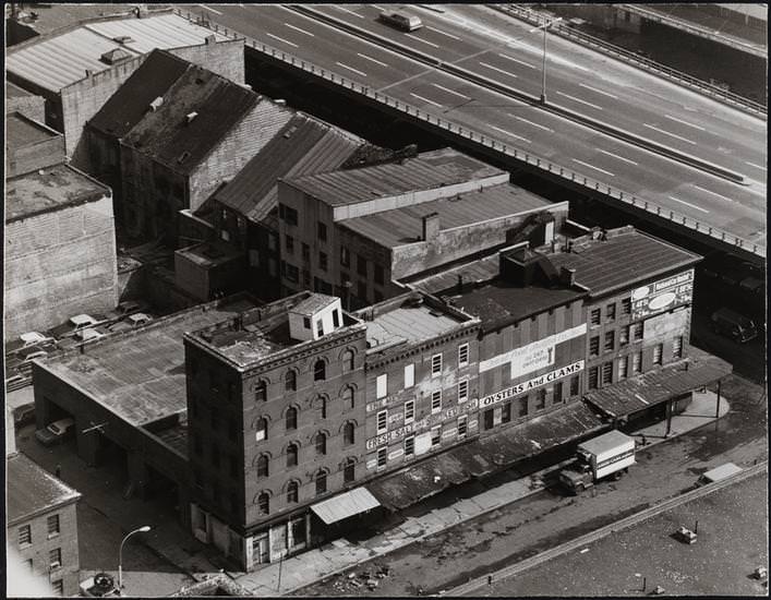 Aerial view of the buildings at 142-144, 146-148, and 150-152 Beekman Street, 1973.