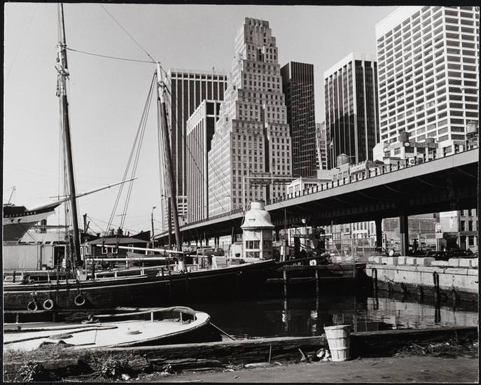 Looking south from Pier 17, South Street Seaport, 1973.