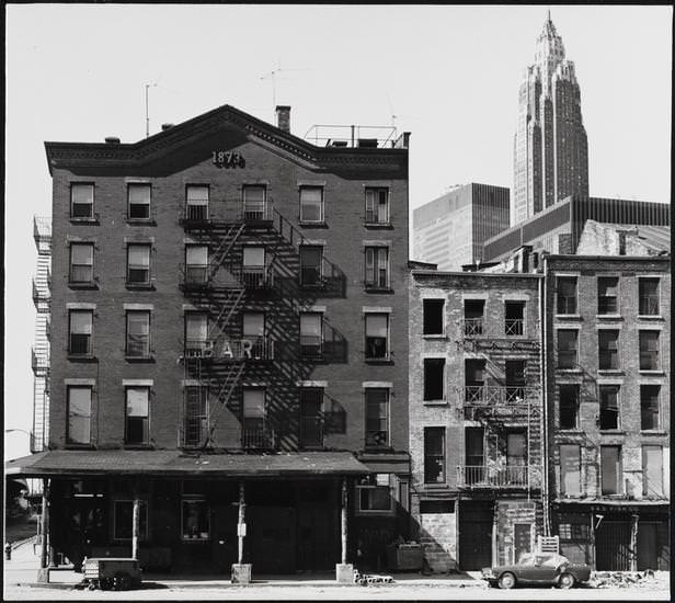 Peck Slip facade of Meyer's Hotel at 116-119 South Street, 1973.