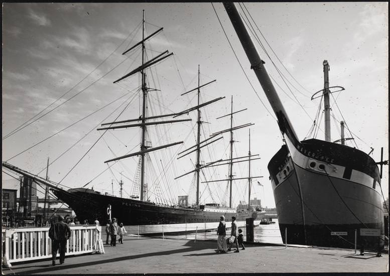 The ships Peking and Wavertree docked at piers 15-17 in the South Street Seaport, 1975.