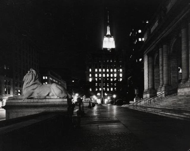 Looking south from the steps of the New York Public Library's main branch toward the Empire State Building, 1971.