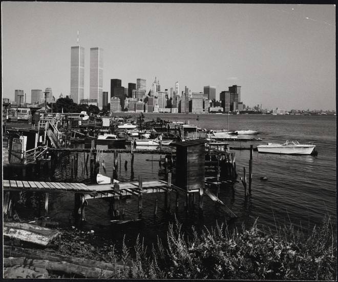 Looking northeast from a marina near Liberty State Park, New Jersey, to Lower Manhattan, 1974.