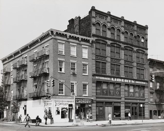 La Sangria Restaurant and Bendix Supermatic Laundry at 569 Hudson Street, and Liberty Moving and Storage at 571 Hudson Street, 1975.