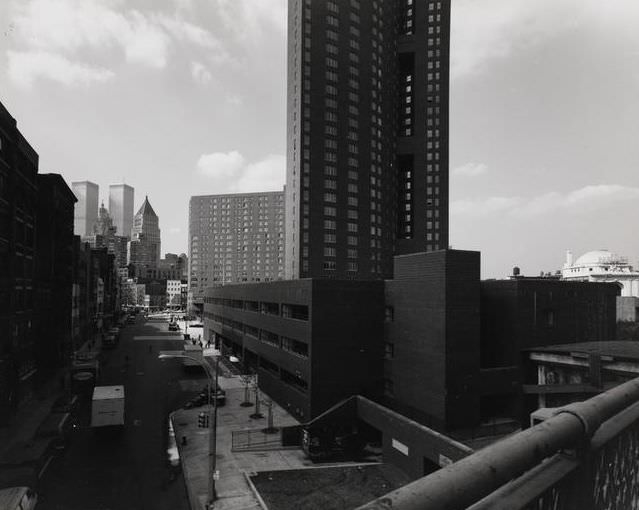 Confucius Plaza from a ramp to the Manhattan Bridge above Market Street, 1973