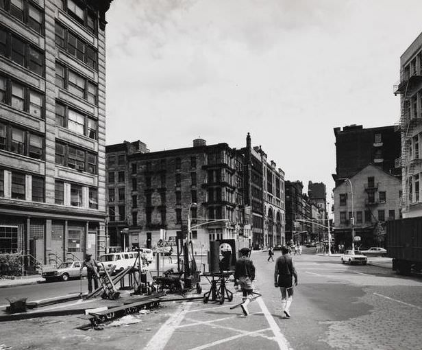 Broome Street at West Broadway and Watts Street, looking east, 1973