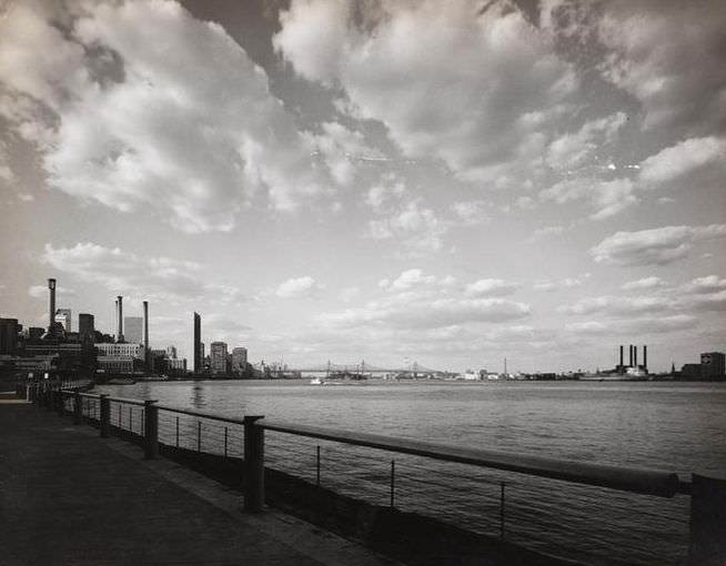 East River from the East River Esplanade, looking over, 1971