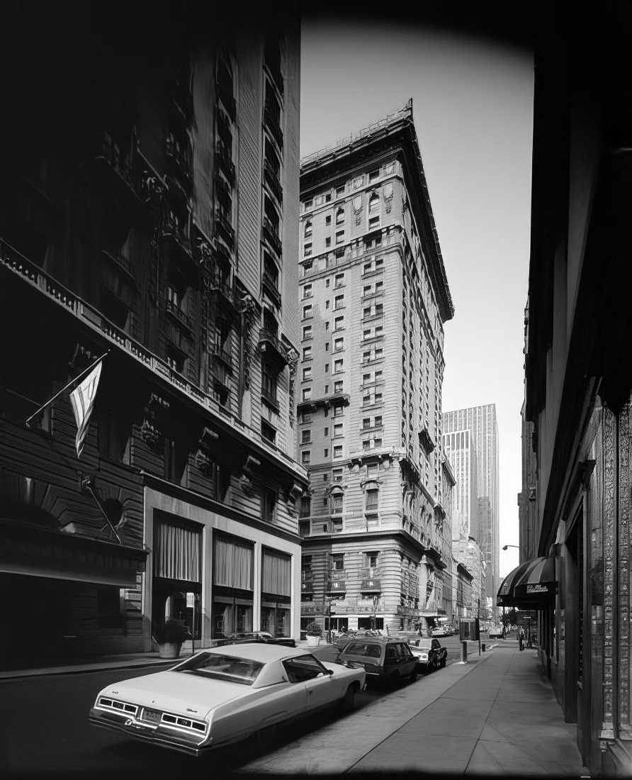 Looking west on 55th Street past Fifth Avenue to the Gotham Hotel, 1973.