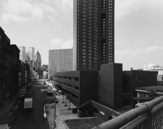 Confucius Plaza from a ramp to the Manhattan Bridge above Market Street, 1975