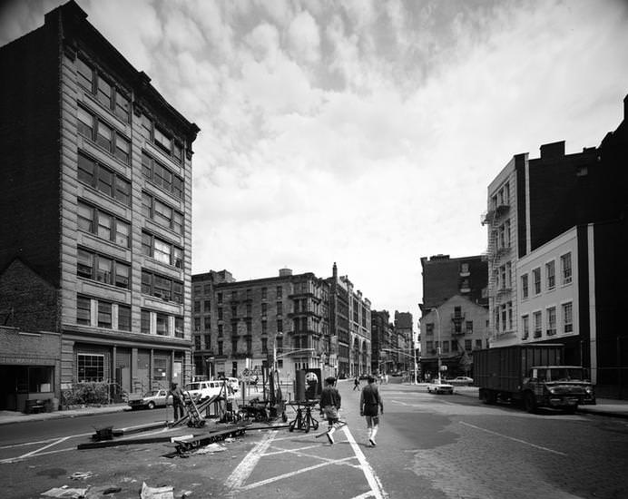 Looking east on Broome Street at the intersection of West Broadway and Watts Street, 1973.