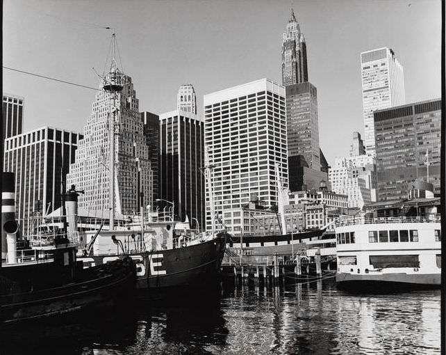 Lower Manhattan skyline from the South Street Seaport, 1977