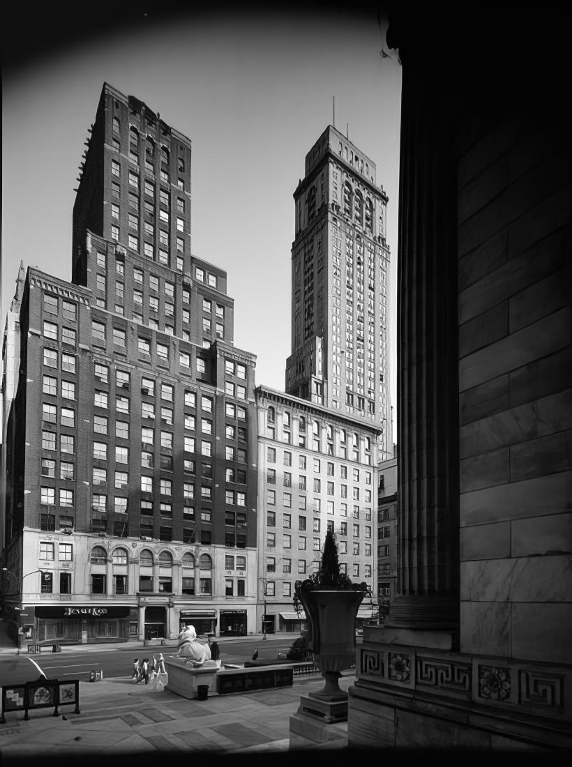 Looking across Fifth Avenue from the steps of the New York Public Library's main branch, 1973.