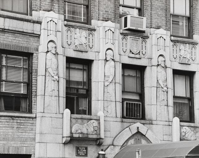 The Waverly apartment house façade, medieval imagery, 1971