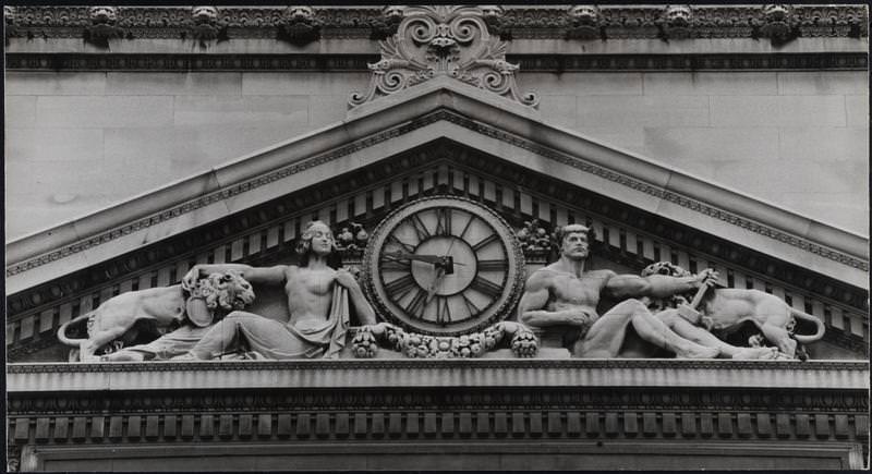 Pediment and clock over the Bowery Savings Bank entrance, 130 Bowery, 1971