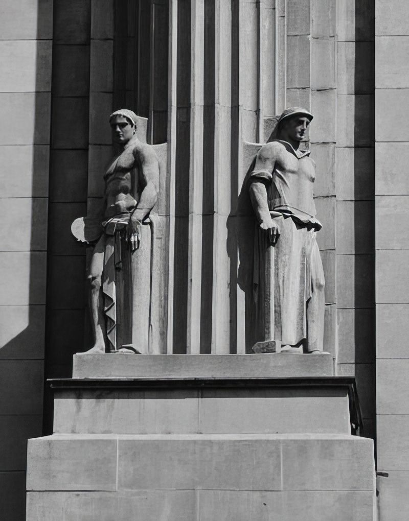 Allegorical statues "Sport" and "Industry" on the Hearst Magazine Building, 951-969 Eighth Avenue, 1971