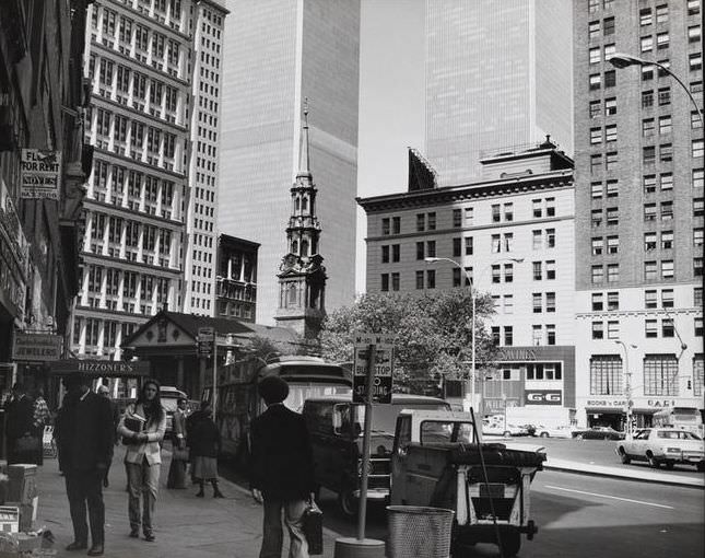 Southwest along Park Row toward St. Paul's Chapel, 1974