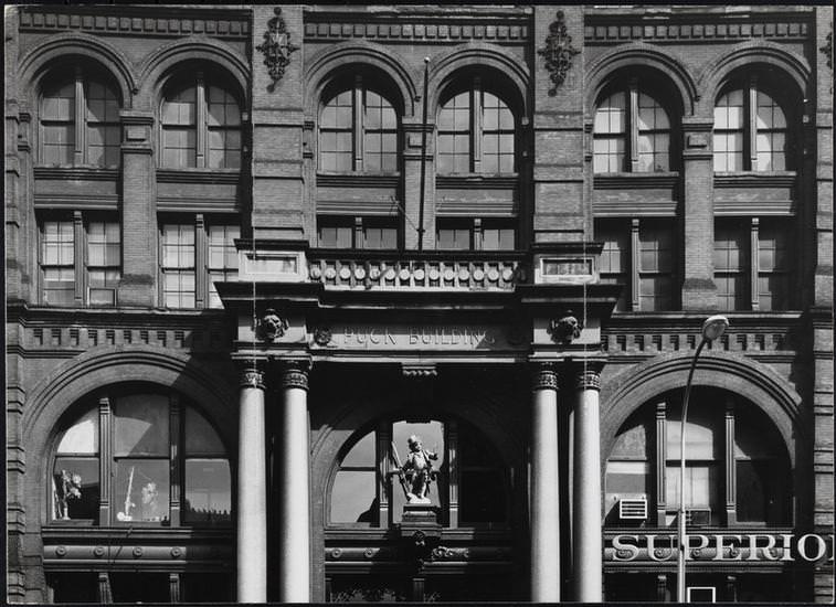 "Puck" statue over Lafayette Street entrance to the Puck Building, 1971