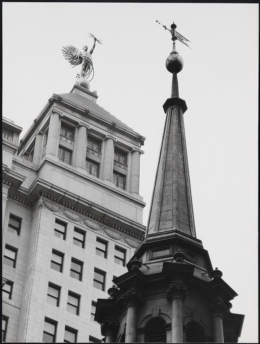 St. Paul's Chapel steeple, with "Spirit of Communication" atop the American Telephone & Telegraph Company Building, 1971