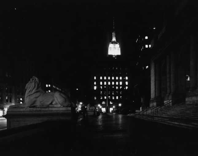 Looking south from the New York Public Library's steps toward the Empire State Building, 1971