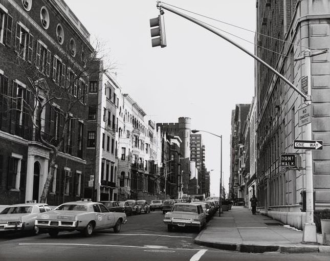 East on East 94th Street from Fifth Avenue toward Squadron A Armory, 1977