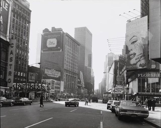 South on Broadway from West 48th Street to Times Square, 1975