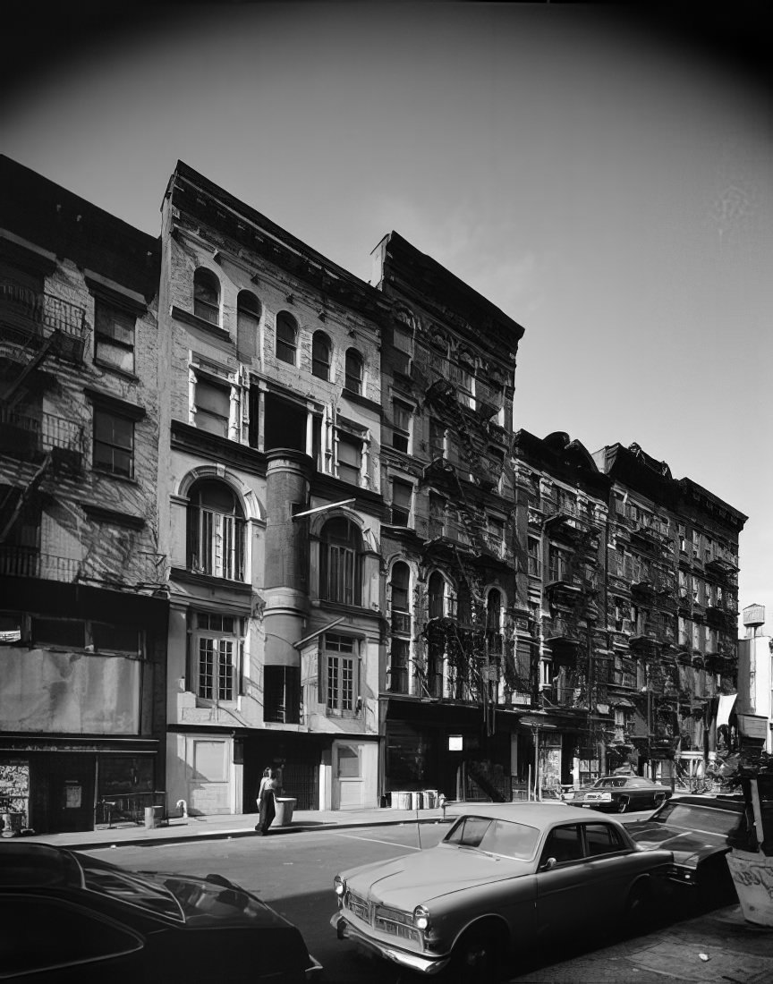 Cylindrical fire escape on the facade of 62 East 4th Street, 1977.