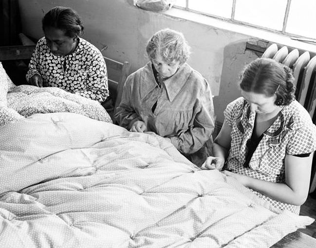 Quilting on 10th Avenue and 36th Street, 1937.