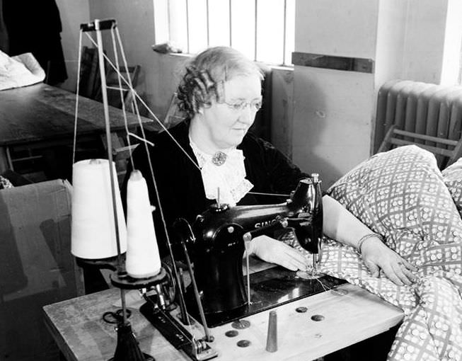 Stitching a Quilt on 10th Avenue and 36th Street, 1937.