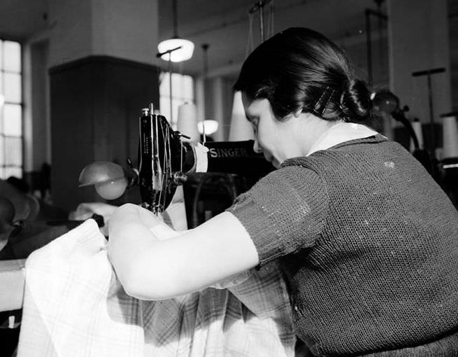 Sewing on 10th Avenue and 36th Street, 1937.