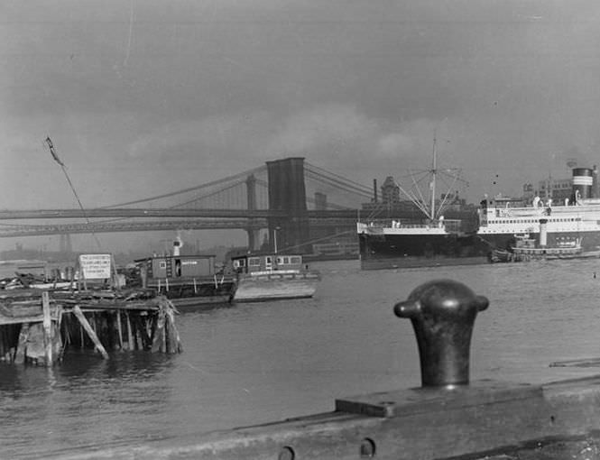 Brooklyn and Manhattan Bridges, 1935.