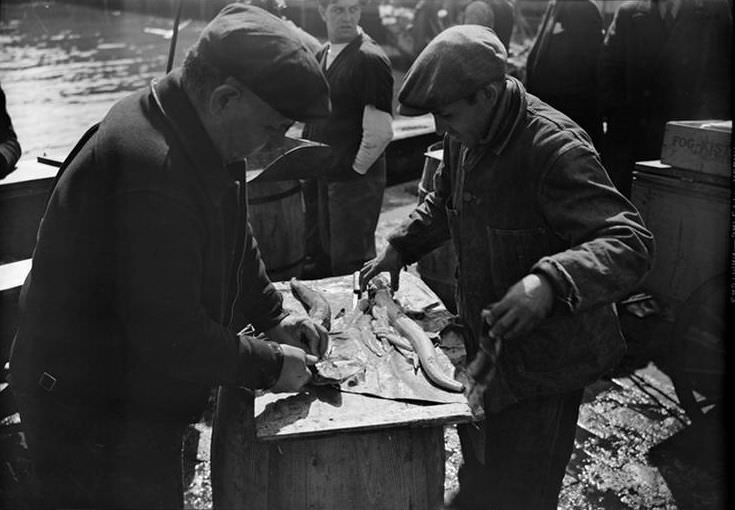 Fulton Fish Market: Fish Peddler Selling Sand Shark, 1938.