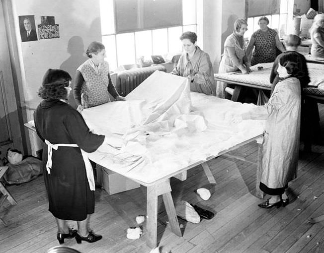 Adding Batting to the Quilt on 10th Avenue, 1937.