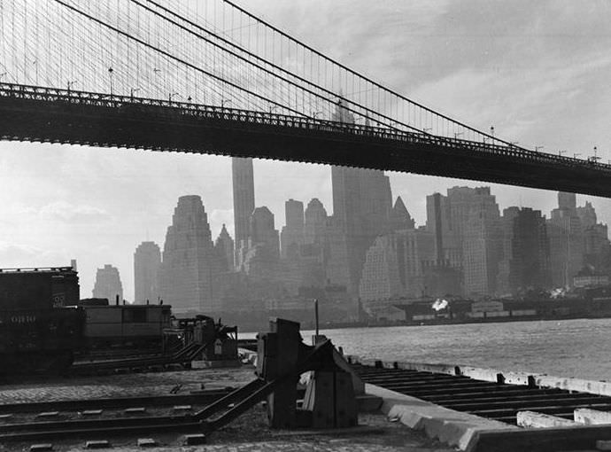 Manhattan from under the Brooklyn Bridge, 1935.