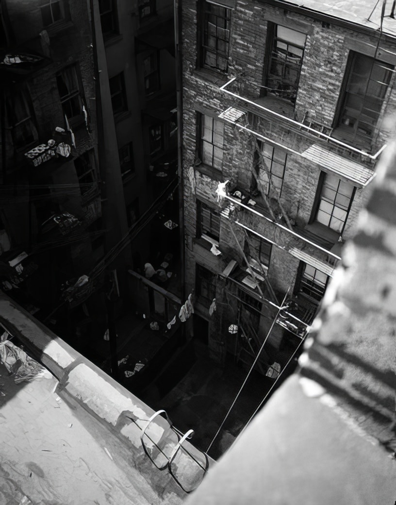 Tenement courtyard viewed from a roof, 1935.