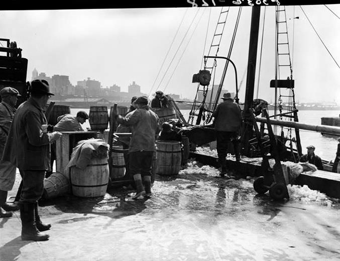 Fulton Fish Market: Unloading fish, 1938.