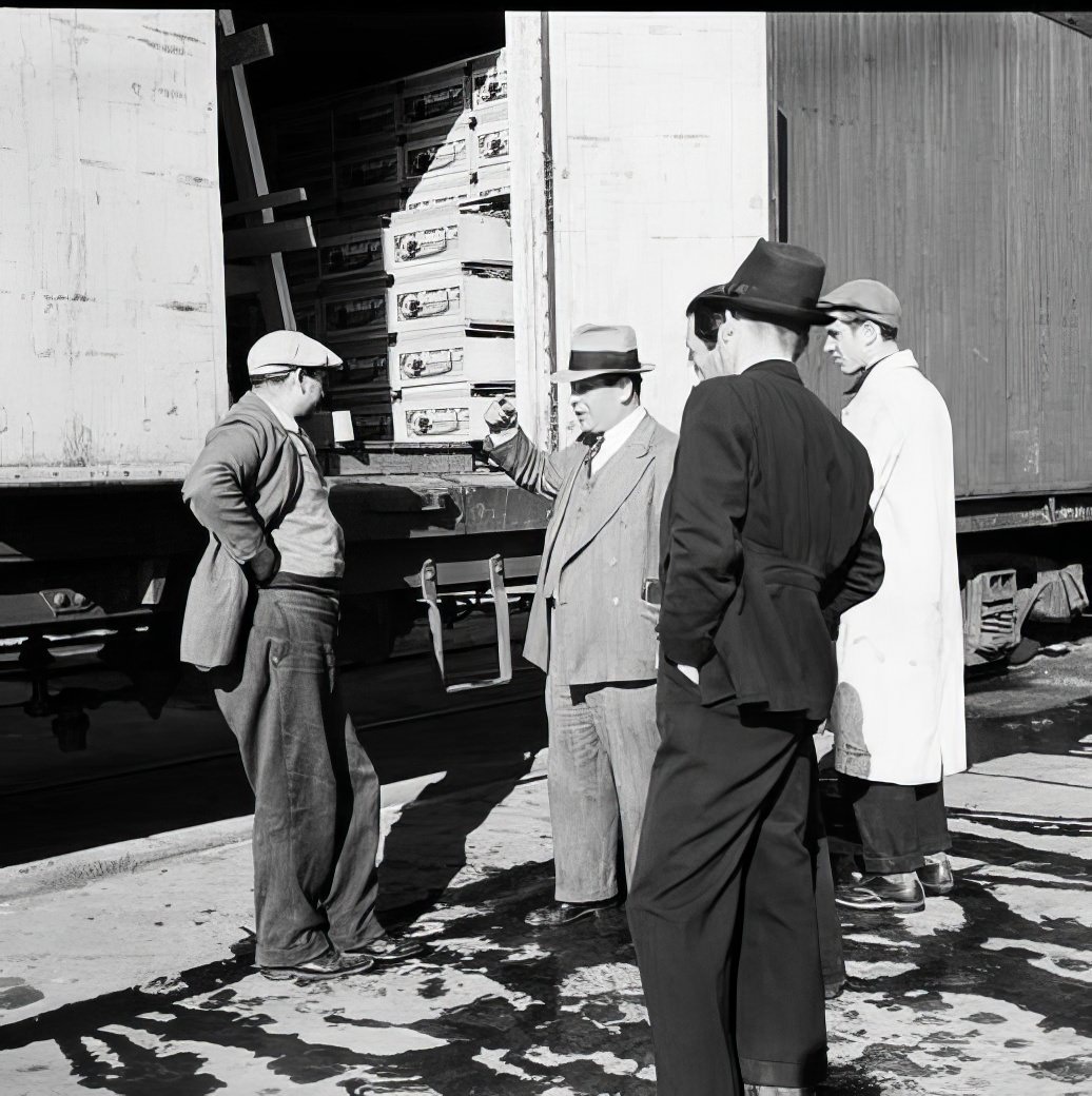 Shipping market goods via train, 1938.