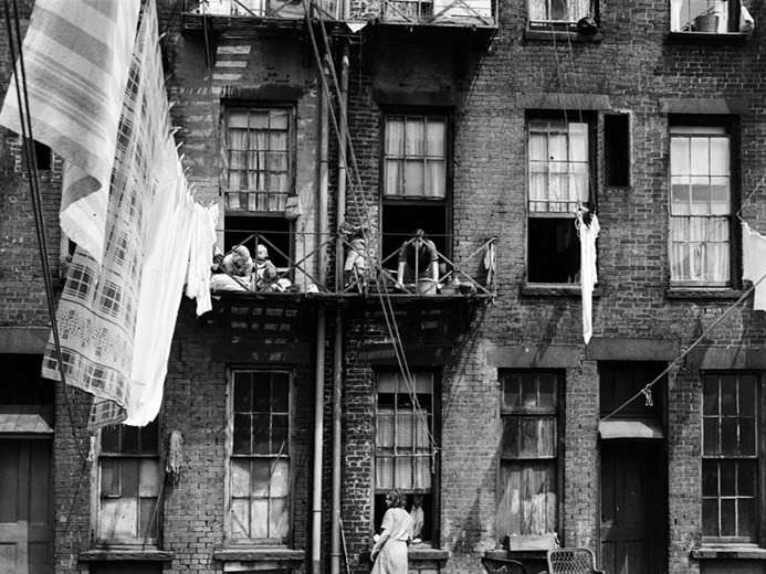 People on fire escapes, 1935.