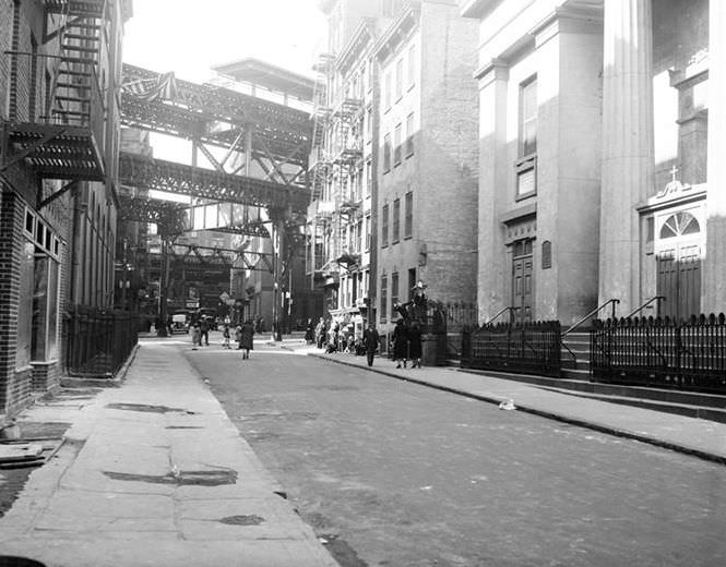 Street with elevated station in the rear, 1935.