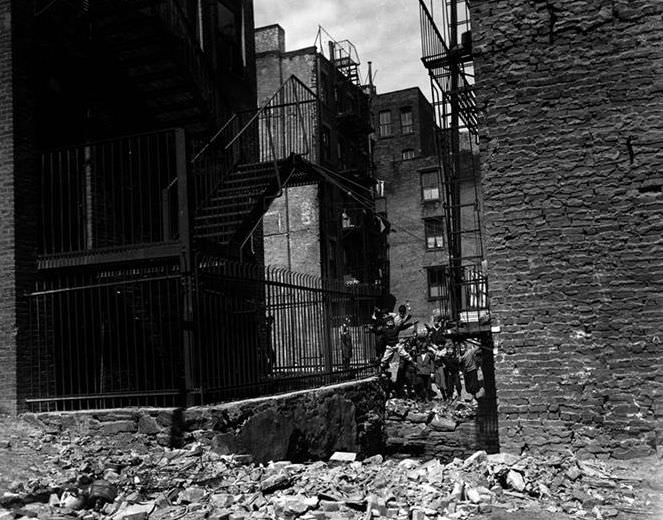 Boys in the back of a tenement, 1936