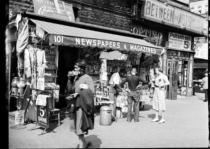 Street scene with newsstand, 1939