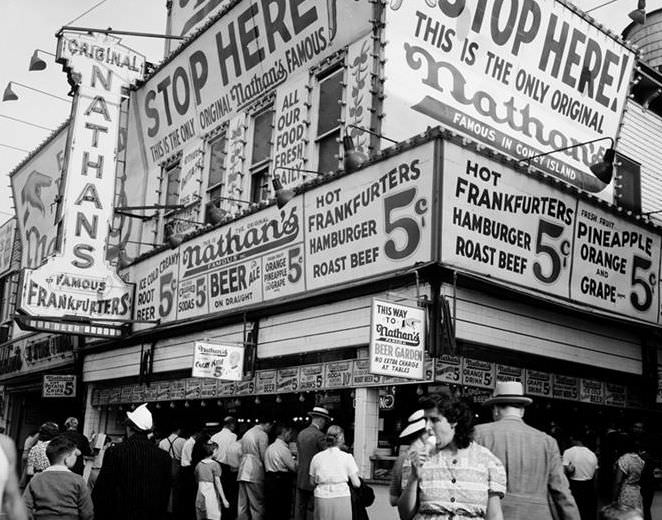 Nathan's Hot Dog Stand, Coney Island, July 1939