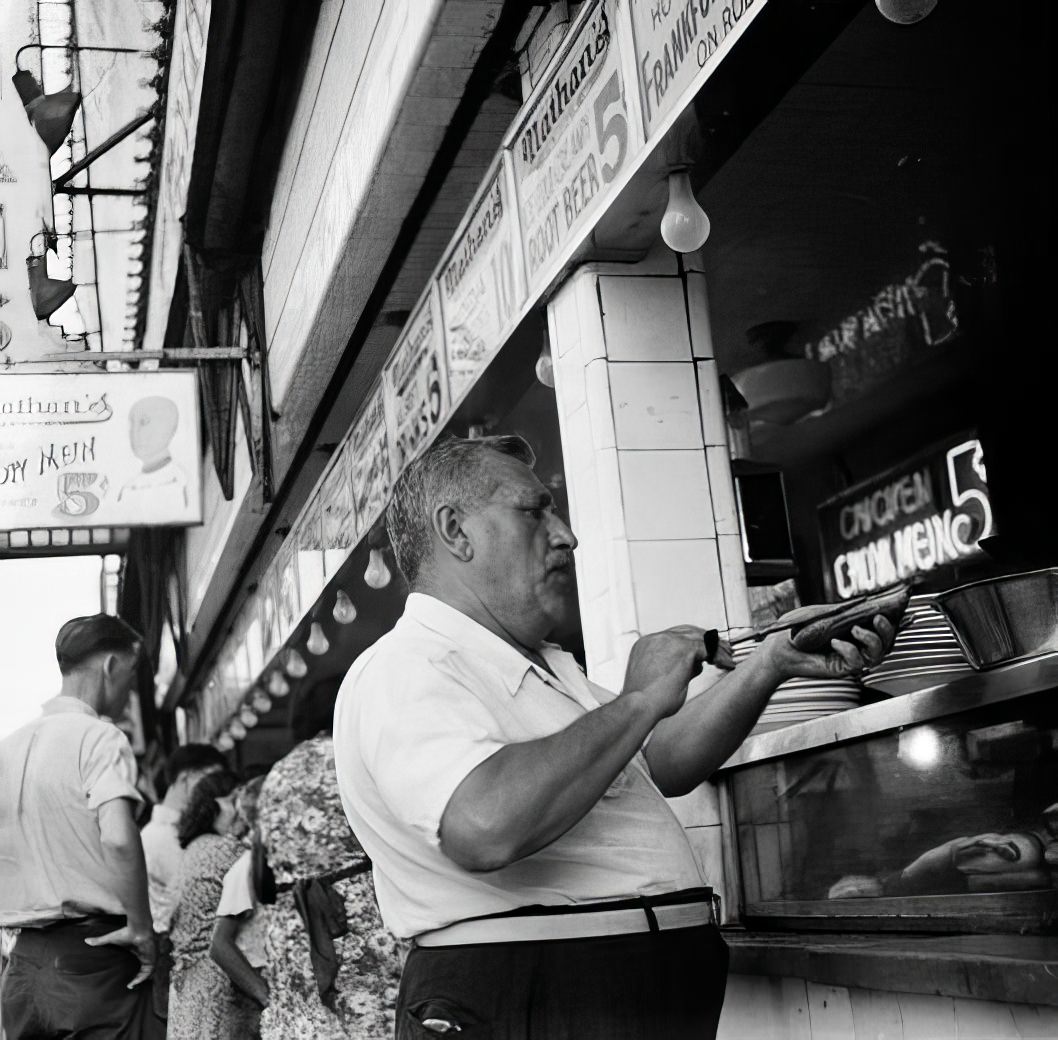 At Nathan's Hot Dog Stand, July 1939